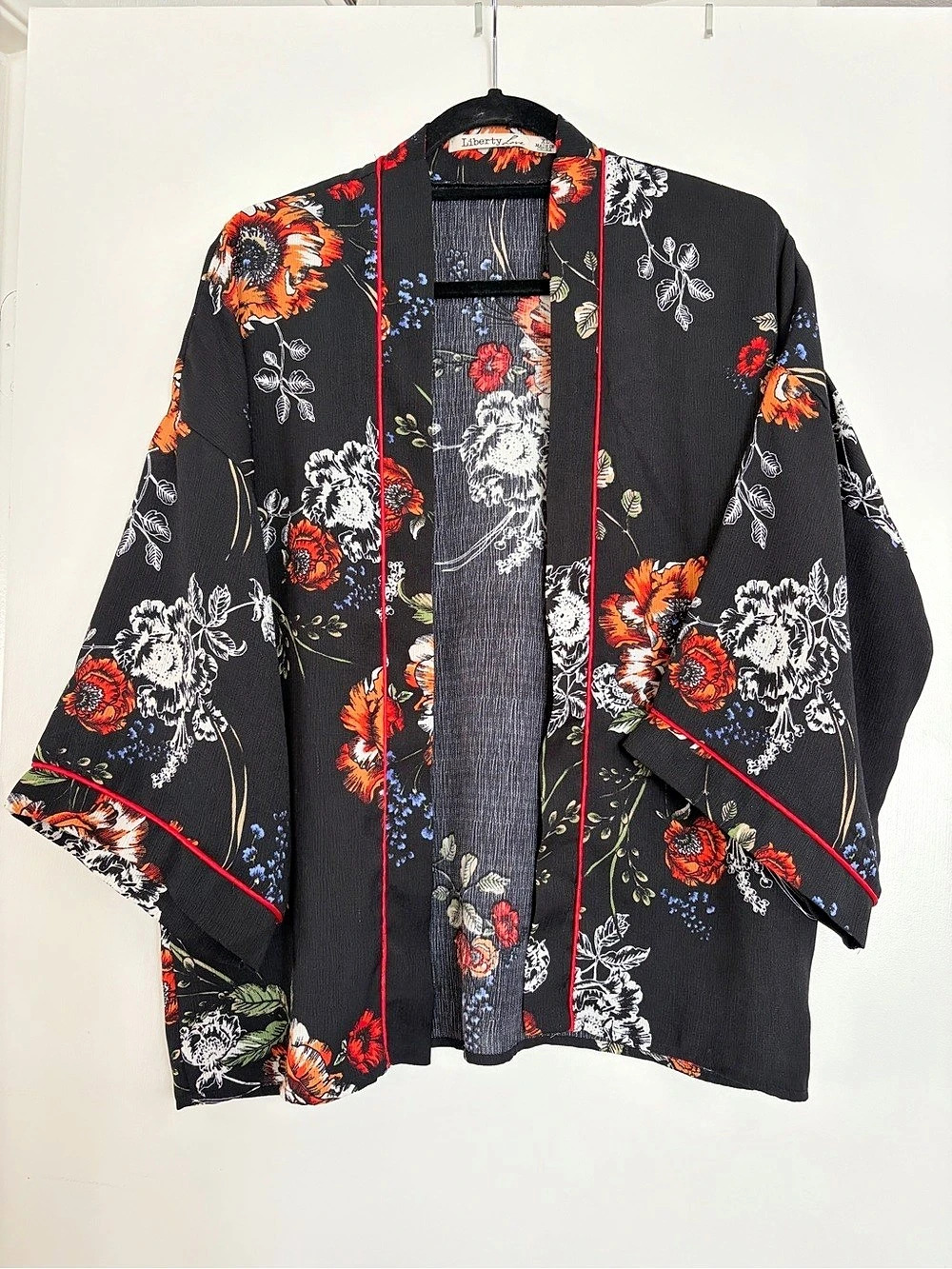 Liberty Love J8-1191-BLD Floral Kimono Jacket Black Red XL Like New